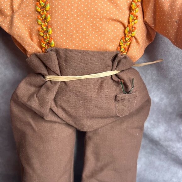 VTG Handmade Rag Doll Orange Dot Shirt Suspenders Toy Slingshot in Rear Pocket - Picture 6 of 9